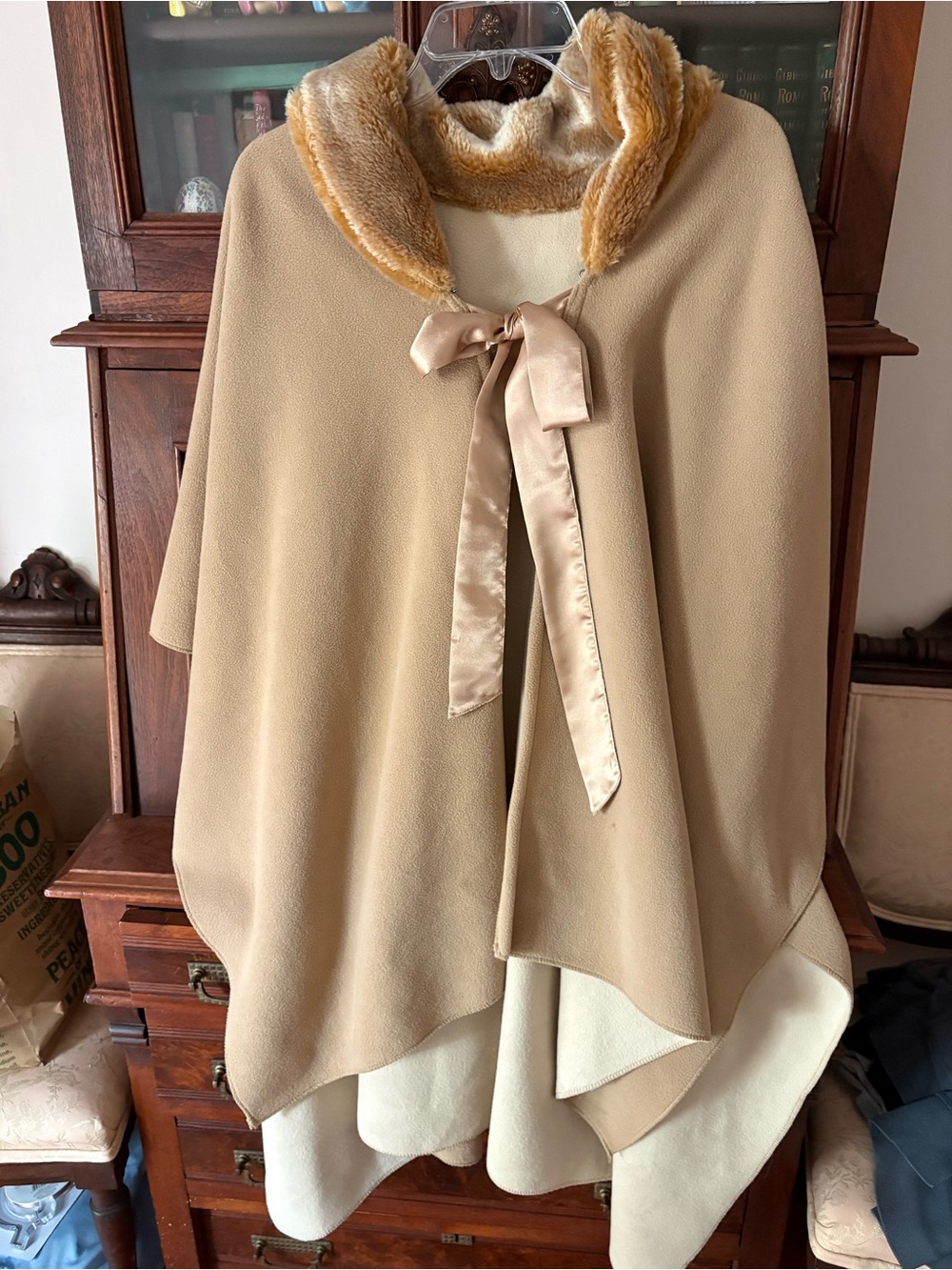 Beige Faux Fur Trim Cape with Satin Tie, fits up to size 18